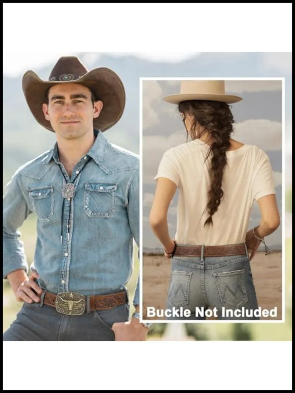 2 Pack Western Leather Belt Straps for Men Women Cowboy No Buckle